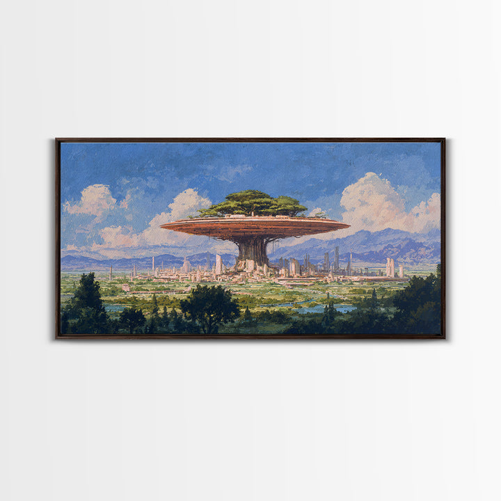 Floating Acacia Tree City Under Blue Sky Canvas Print, African Landscape, Modern Canvas Art, Serengeti Wall Art, Unique Home Decor
