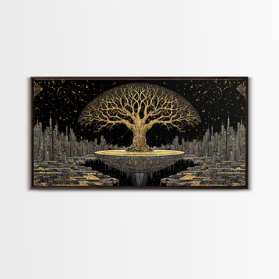 Golden Tree Of Life Over Futuristic City Wall Art, Black And Gold Art, Spiritual Wall Art, African Inspired, Statement Decor