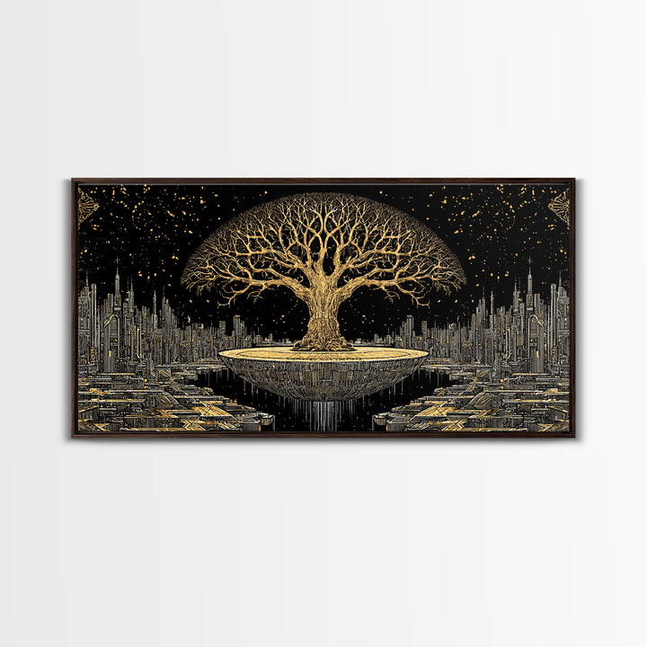 Golden Tree Of Life Over Futuristic City Wall Art, Black And Gold Art, Spiritual Wall Art, African Inspired, Statement Decor