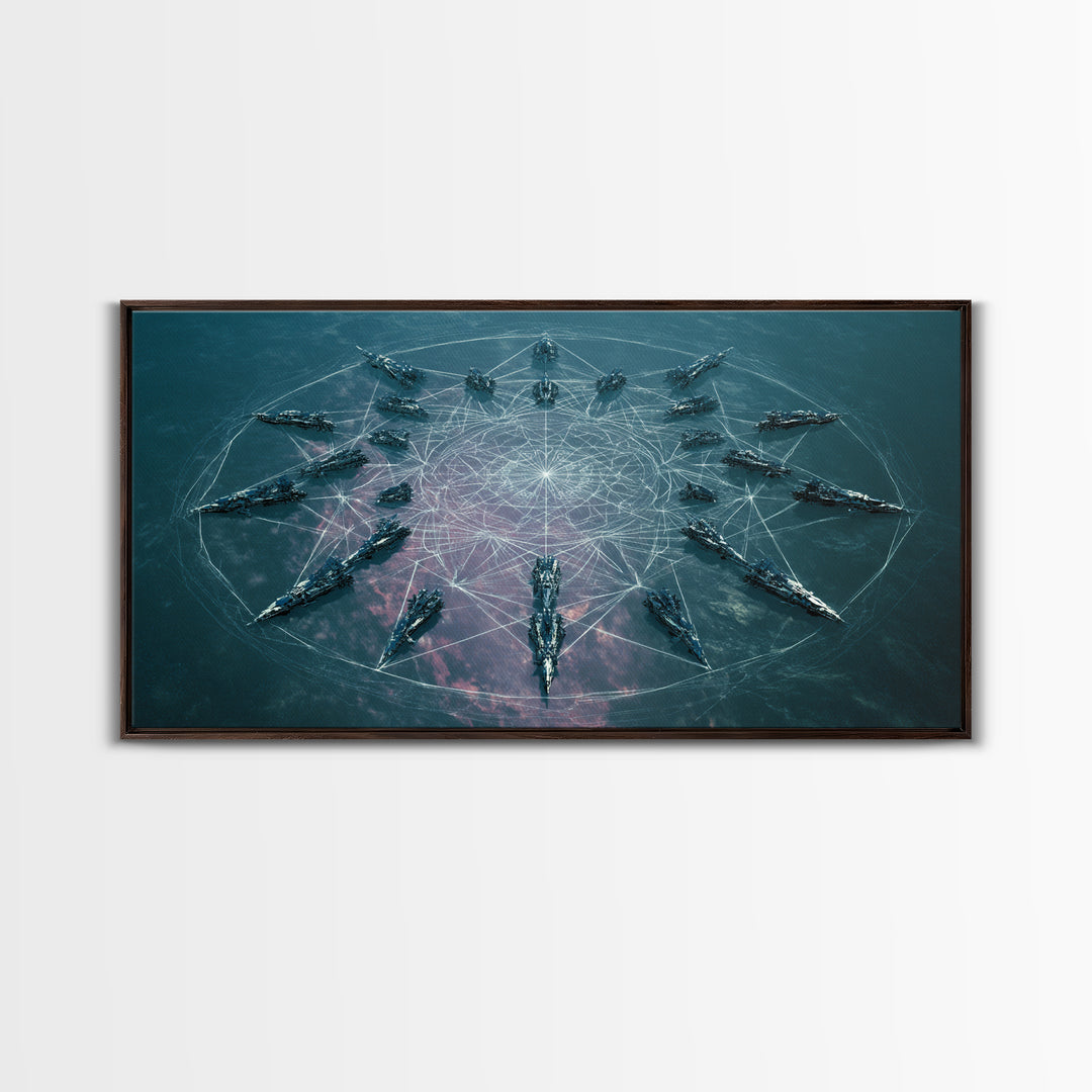 Sci Fi Naval Fleet In Circular Formation Canvas Print, Digital Art, Modern Wall Art, Teal Statement Wall Decor, Unique Gift