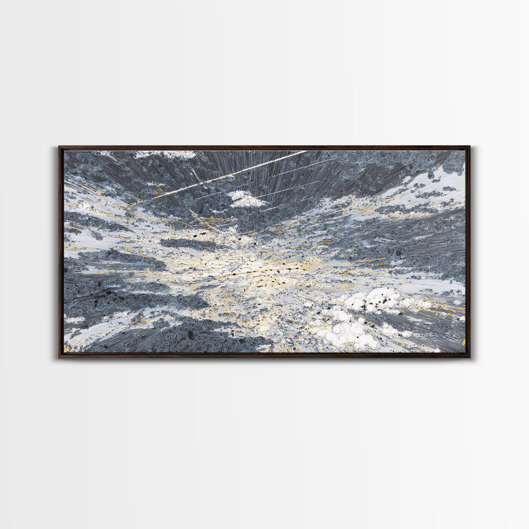 Abstract Ocean Clouds With Gold Network Wall Art, Textured Art Print, Blue Gray Modern Art, Dreamy Wall Art, Office Decor