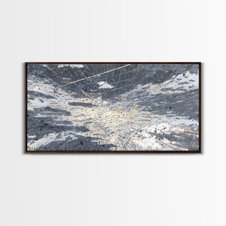 Abstract Ocean Clouds With Gold Network Wall Art, Textured Art Print, Blue Gray Modern Art, Dreamy Wall Art, Office Decor