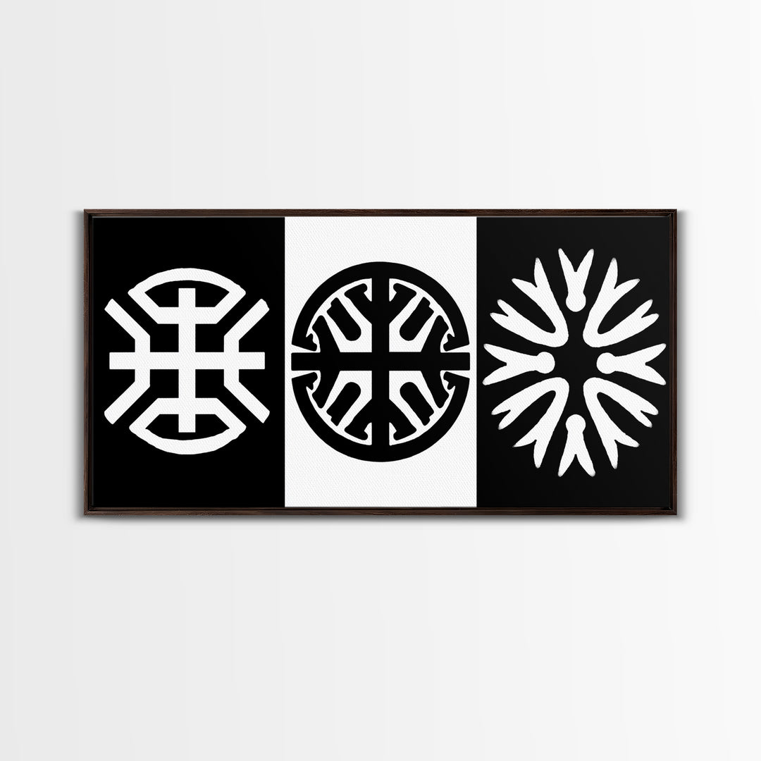 Black White Tribal Symbols Framed Canvas Print, Geometric Abstract Wall Art, African Inspired Decor, Minimalist Office Art