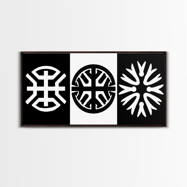 Black White Tribal Symbols Framed Canvas Print, Geometric Abstract Wall Art, African Inspired Decor, Minimalist Office Art
