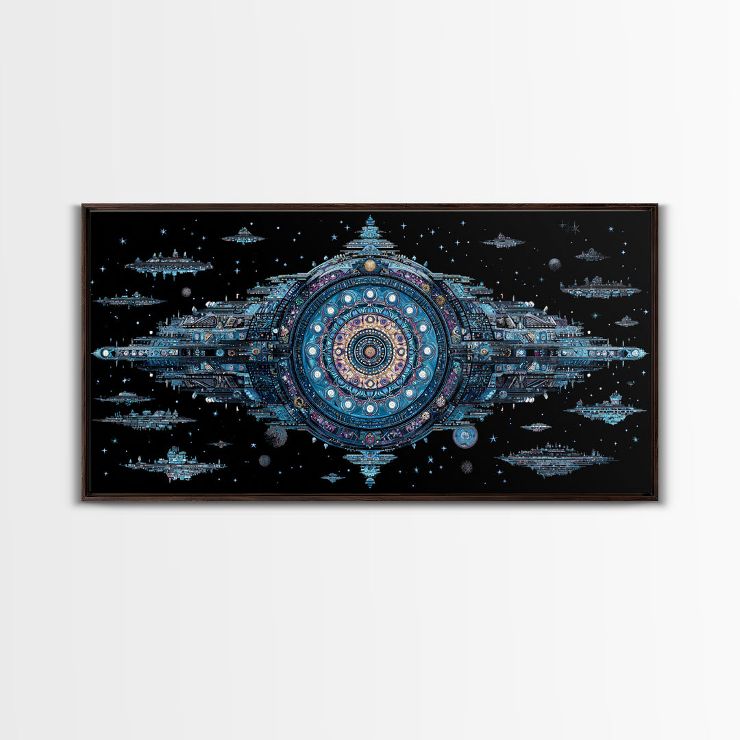 Ornate Cosmic Space Station Canvas Print, Blue Sci Fi Mandala Wall Art, Futuristic Digital Art, Modern Office Decor Gift