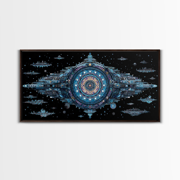 Ornate Cosmic Space Station Canvas Print, Blue Sci Fi Mandala Wall Art, Futuristic Digital Art, Modern Office Decor Gift