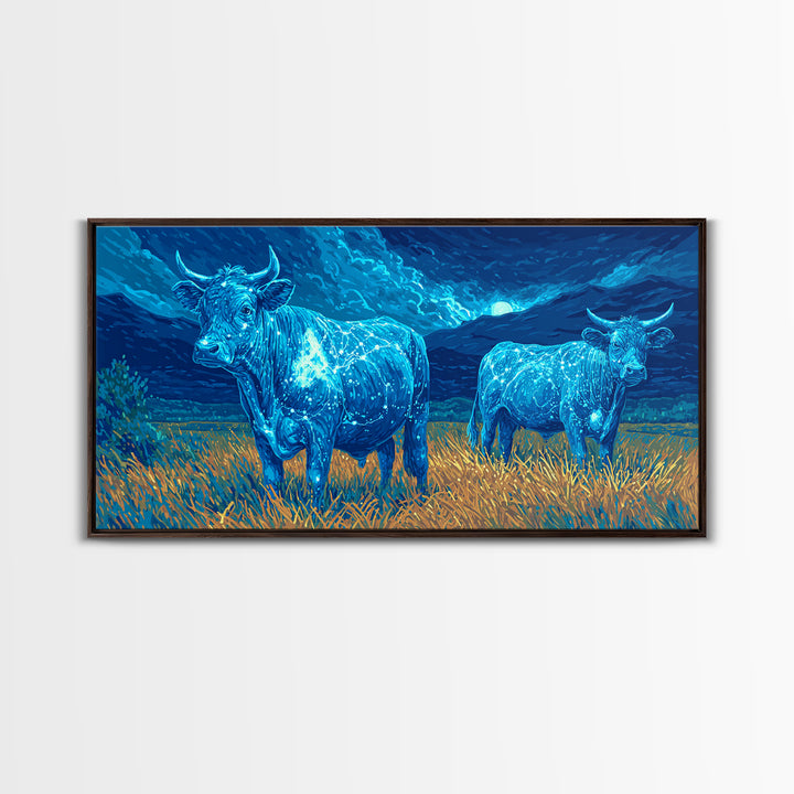 Glowing Blue Bulls In Moonlit Field Wall Art, Animal Landscape Painting, Nature Canvas Decor, Rustic Farmhouse Gift For Home