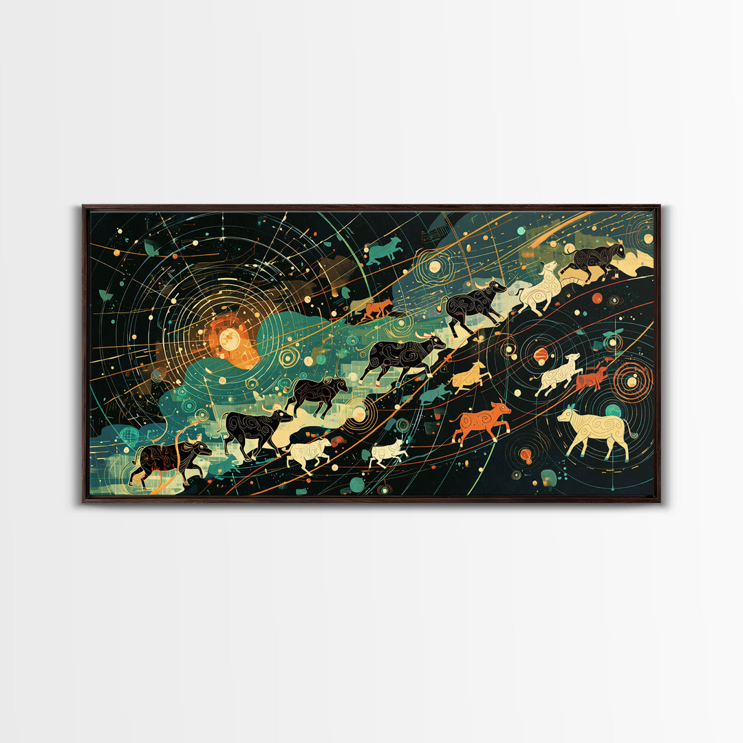 Cosmic Cattle Migration Canvas Print, Abstract Animal Wall Art, Modern Farm Decor, Earth Tone Office Art, Unique Home Gift