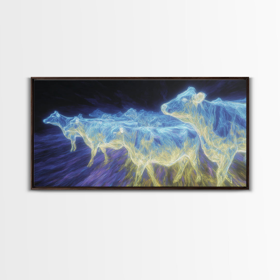 Electric Blue Cows Framed Canvas Print, Glowing Animal Wall Art, Modern Digital Farm Decor, Statement Office Art, Blue Home Decor