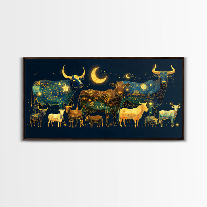 Celestial Folk Cattle And Goats Wall Art, Gold Blue Animal Canvas Decor, Moon Stars Farm Painting, Boho Home Decor Gift For Her