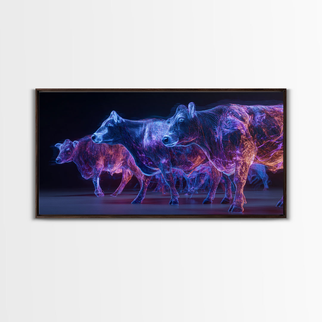 Neon Blue And Purple Cows Canvas Print, Glowing Animal Wall Art, Modern Digital Farm Decor, Bold Office Art, Unique Gift