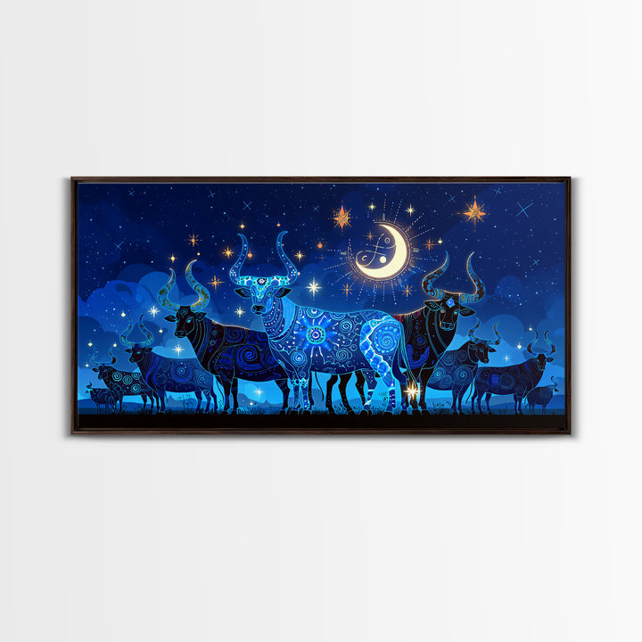 Starry Blue Cattle Under Crescent Moon Wall Art, Celestial Animal Canvas Decor, Night Sky Painting, Boho Home Decor Gift