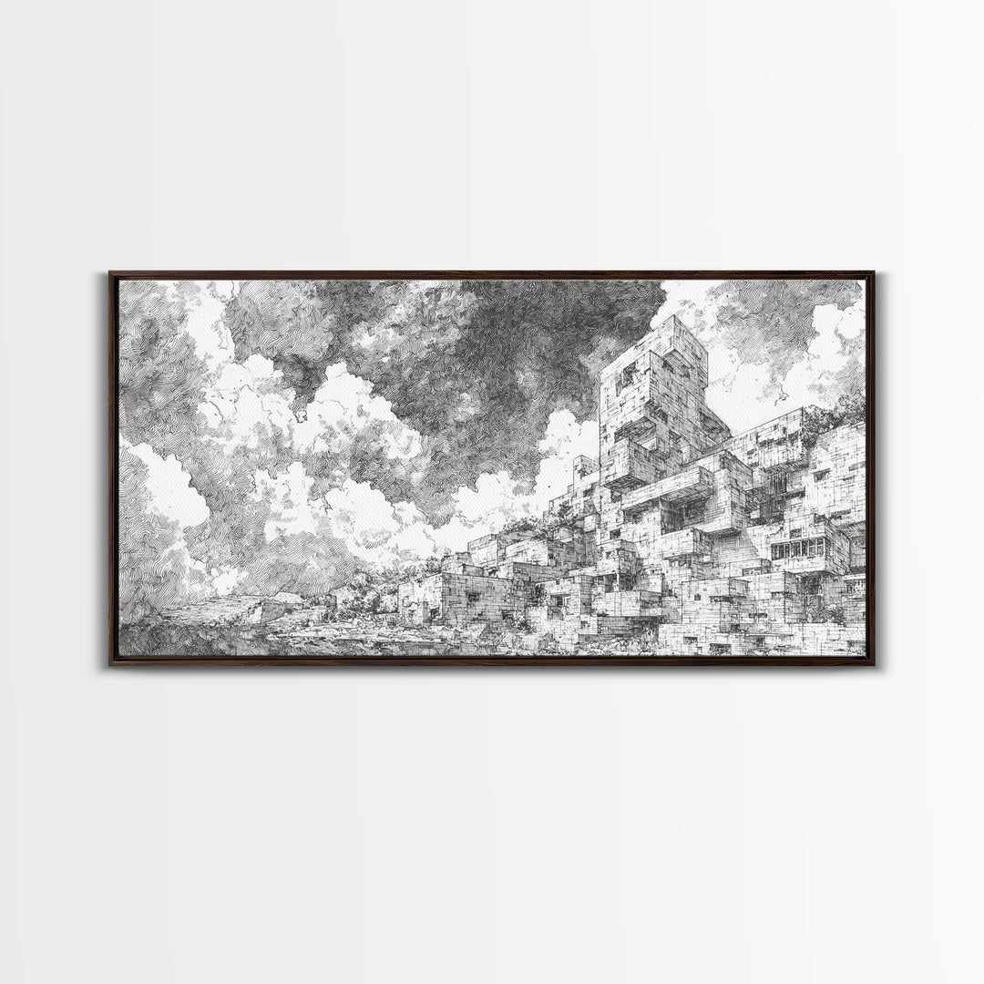 Black And White African City Sketch Wall Art, Urban Landscape Drawing, Minimalist Architecture Print, Modern Home Office Decor