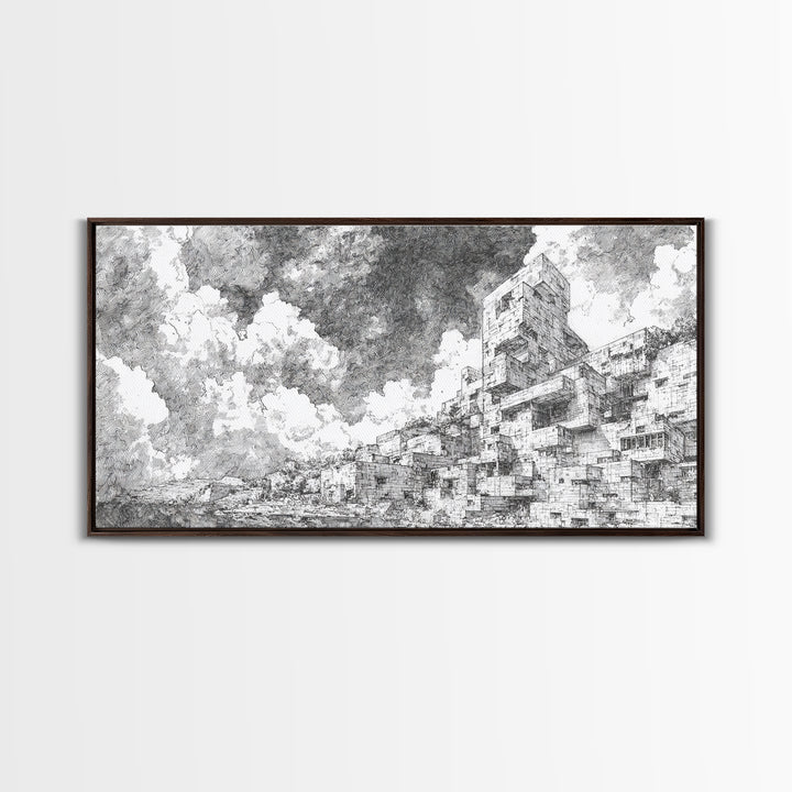 Black And White African City Sketch Wall Art, Urban Landscape Drawing, Minimalist Architecture Print, Modern Home Office Decor