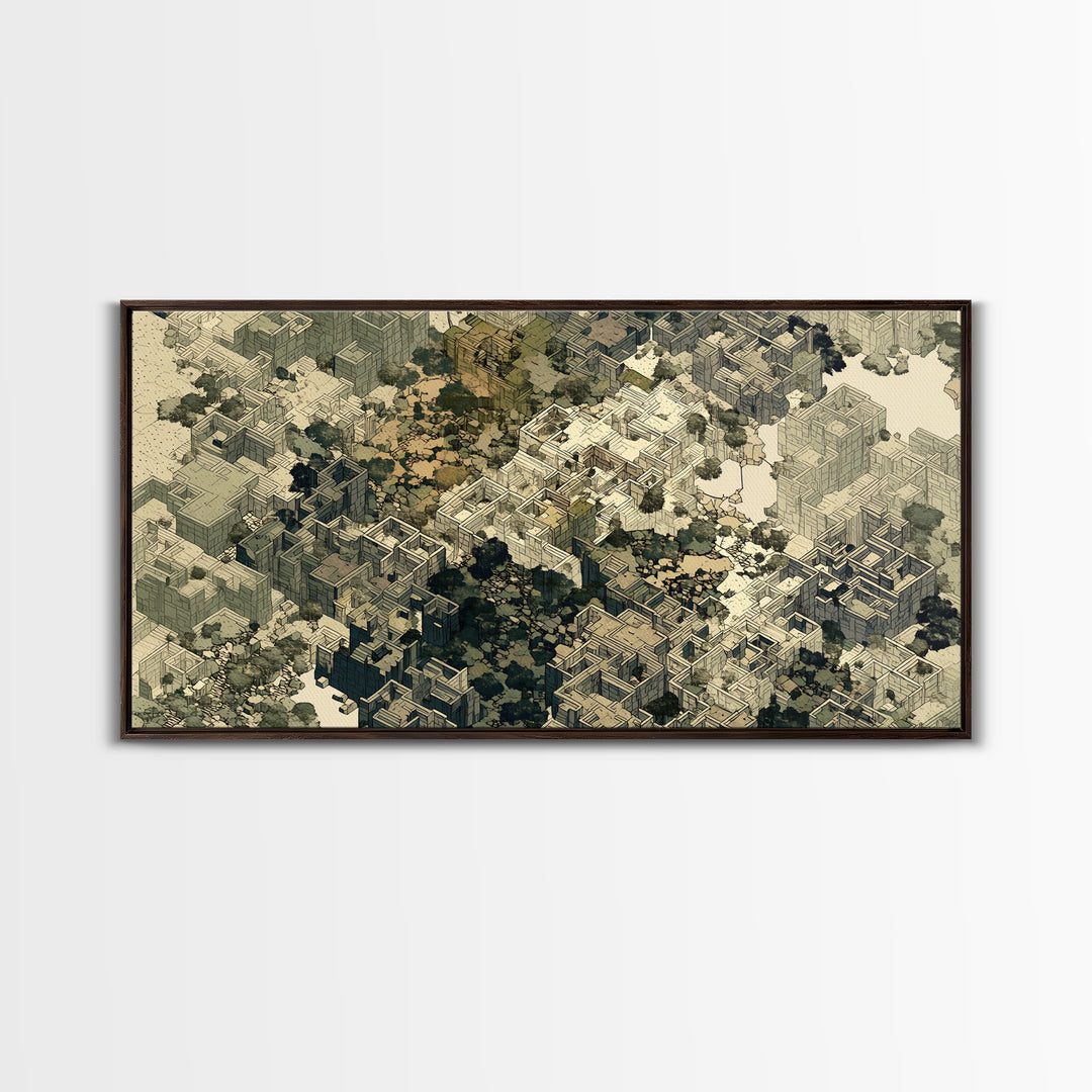 Sepia Isometric Floating City Canvas Print, African Inspired Urban Architecture, Abstract Wall Decor, Modern Office Art Gift