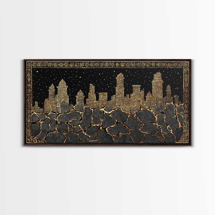 Black Gold Skyline And Cracked Earth Wall Art, African Inspired Cityscape, Luxury Canvas Decor, Bold Statement Home Decor