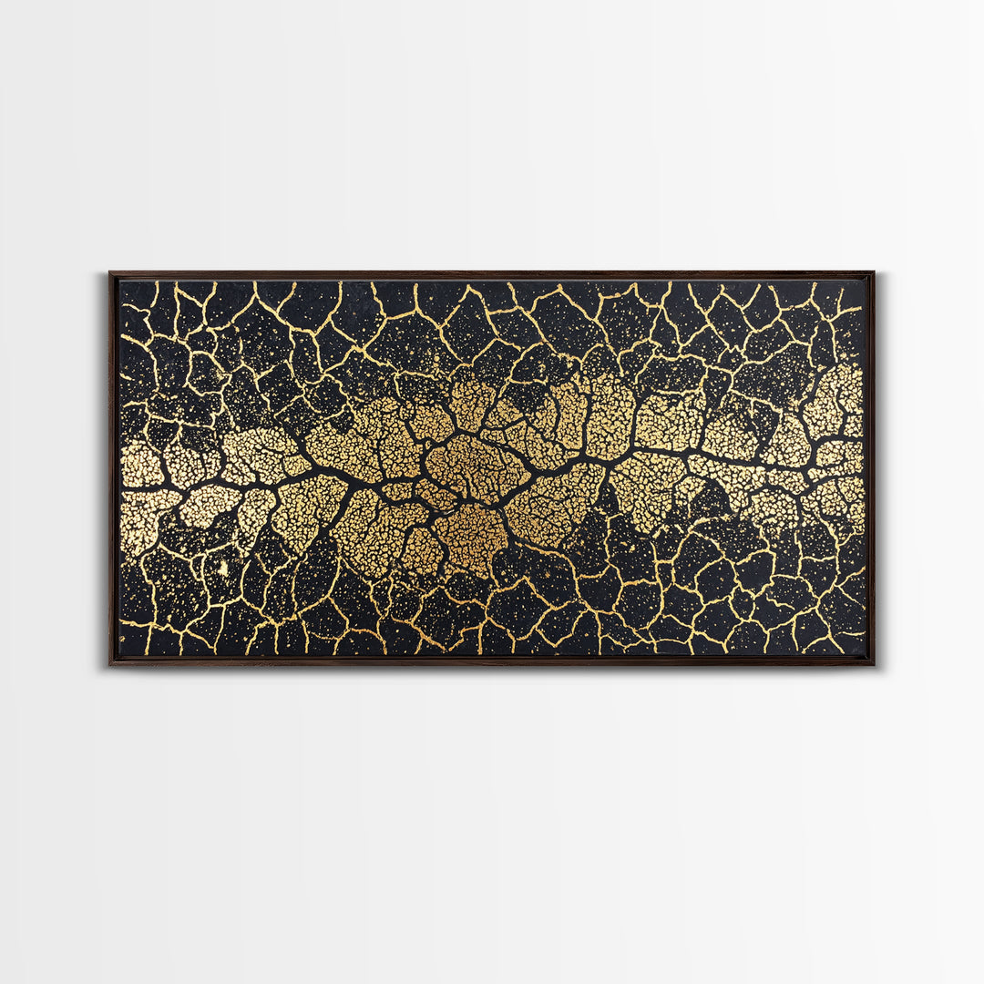 Black Gold Cracked Mosaic Wall Art, African Abstract Pattern, Luxury Canvas Decor, Earth Tone Statement Piece For Living Room