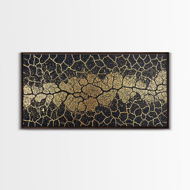 Black Gold Cracked Mosaic Wall Art, African Abstract Pattern, Luxury Canvas Decor, Earth Tone Statement Piece For Living Room