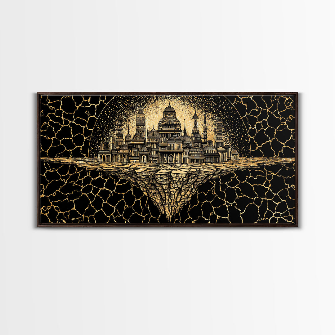 Golden African Kingdom City Wall Art, Black And Gold Geometric Decor, Afrocentric Spiritual Art, Luxury Canvas Print Poster