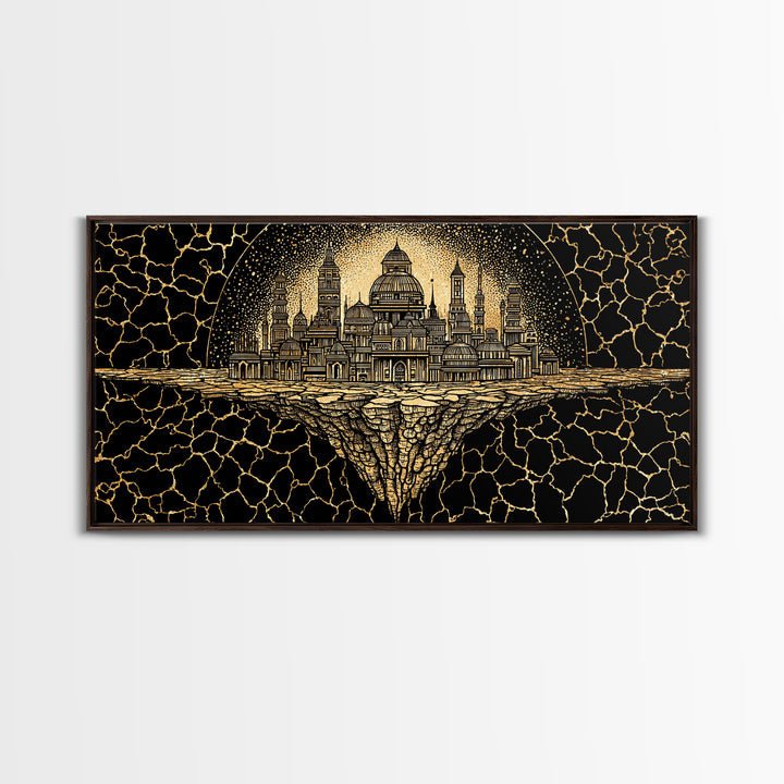 Golden African Kingdom City Wall Art, Black And Gold Geometric Decor, Afrocentric Spiritual Art, Luxury Canvas Print Poster