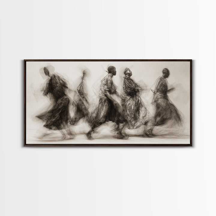 Charcoal African Procession Silhouettes Wall Art, Traditional African Decor, Cultural Canvas Print For Living Room Home Decor Gift