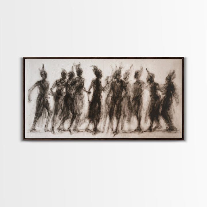 Charcoal African Women Dance Silhouettes Wall Art, Feminine Cultural Canvas Print, Afrocentric Decor Gift For Home Living Room
