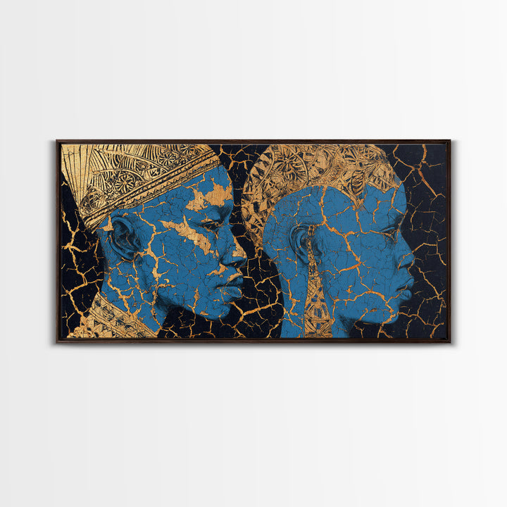 Blue And Gold Cracked African Faces Wall Art, Modern Afrocentric Canvas Print For Luxury Decor, Cultural Home Decor Gift