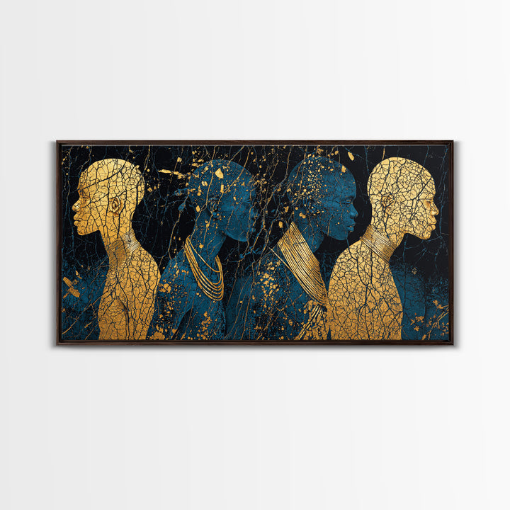 Gold And Teal African Women Silhouettes Wall Art, Afrocentric Black Woman Portrait, Luxury Canvas Decor, Black Gold Print
