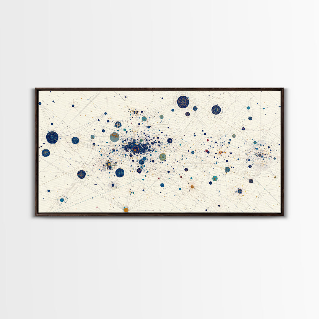 Cream Blue Gold Dot Constellation Network Wall Art, Abstract Geometric Canvas Print, Minimalist Modern Office Decor Gift