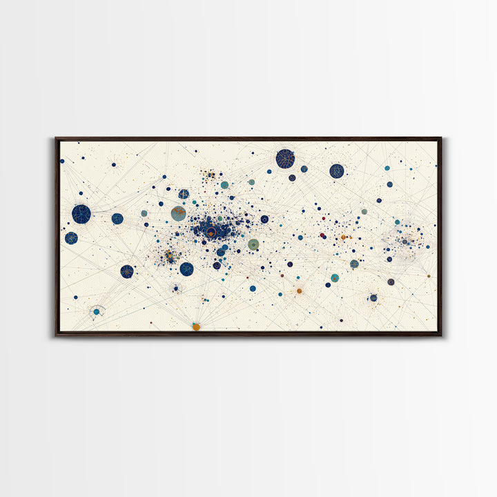 Cream Blue Gold Dot Constellation Network Wall Art, Abstract Geometric Canvas Print, Minimalist Modern Office Decor Gift