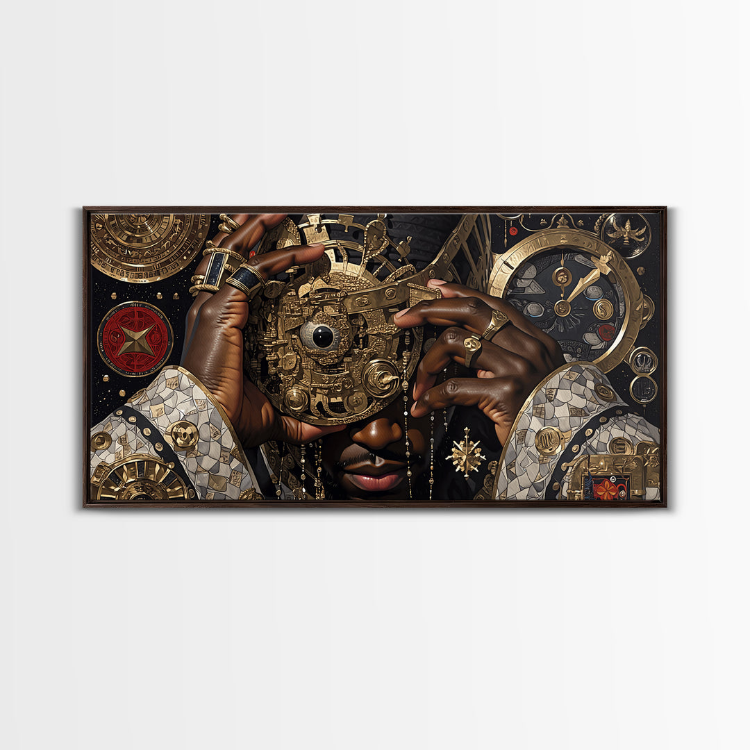 Afrofuturist Golden Mask Portrait Framed Canvas Print, African Wall Art, Black Culture Art, Luxury Afrocentric Home Decor