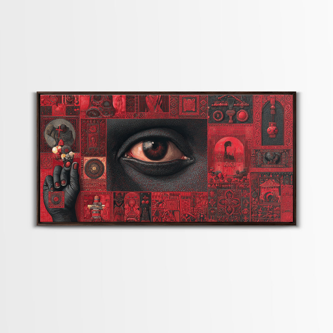 Red Mystic Eye Tribal Collage Canvas Print, African Mask Art, Afrocentric Wall Decor, Bold Cultural Artwork For Home Office