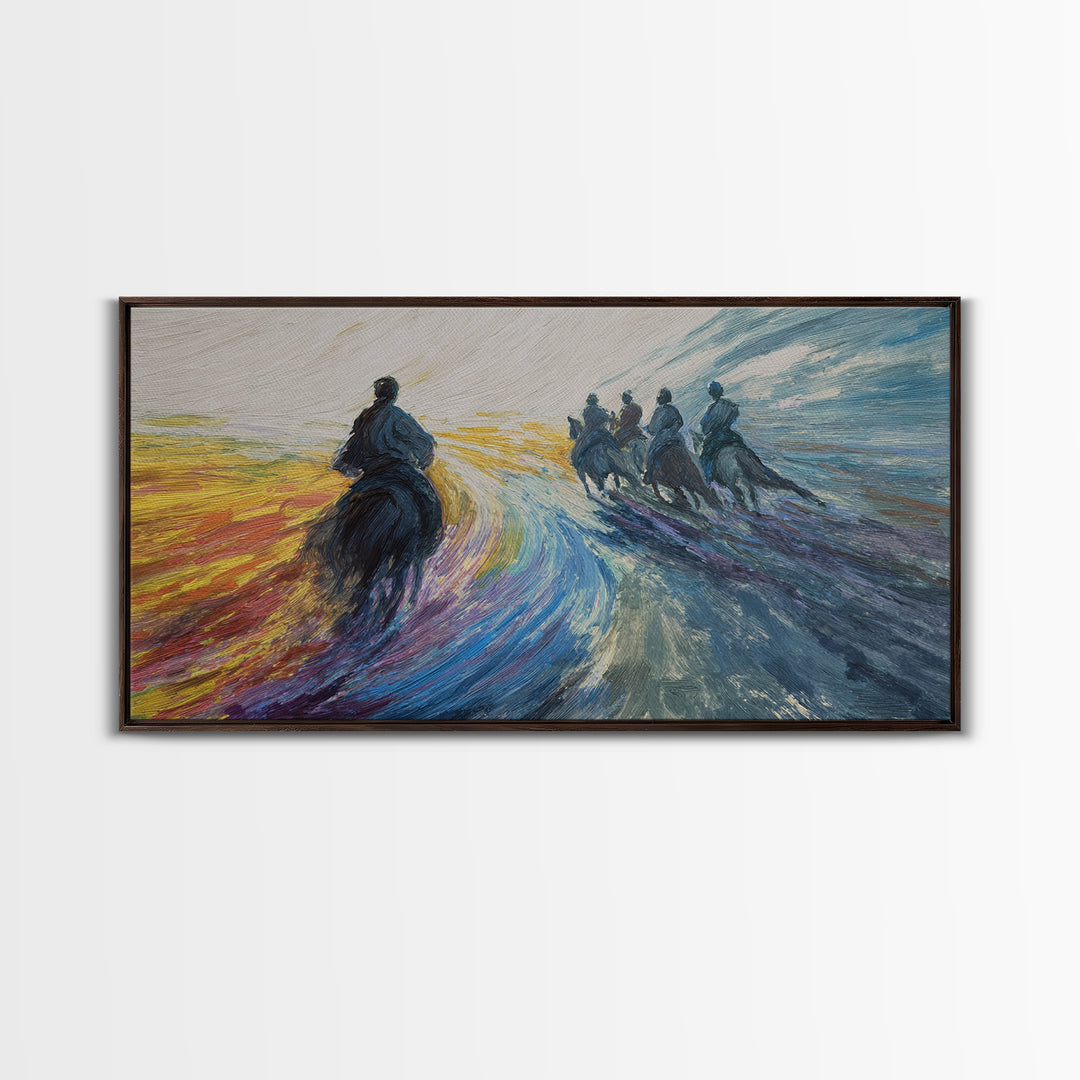 Galloping Horsemen Dawn Landscape Canvas Print, African Warrior Art, Dynamic Modern Wall Decor For Office And Living Room