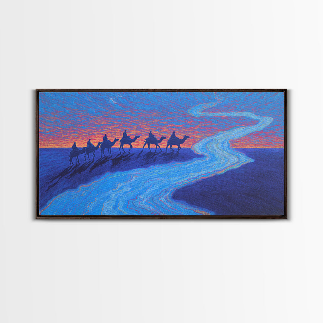 Camel Caravan Blue Desert Wall Art, African Safari Art Print, Dreamy Sunset Landscape For Boho Bedroom And Travel Decor Gift