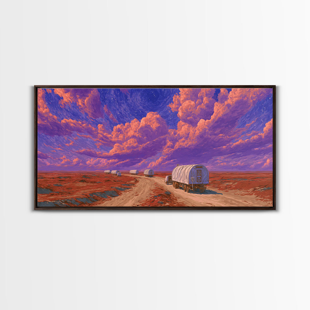 Desert Wagons Under Purple Sky Canvas Print, African Landscape Wall Art, Modern Safari Travel Home Decor For Living Room