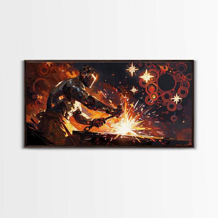 Futuristic Blacksmith Sparks Canvas Print, Industrial Wall Decor, Modern Art, Orange Metalwork, Workshop Gift, Masculine Office Art