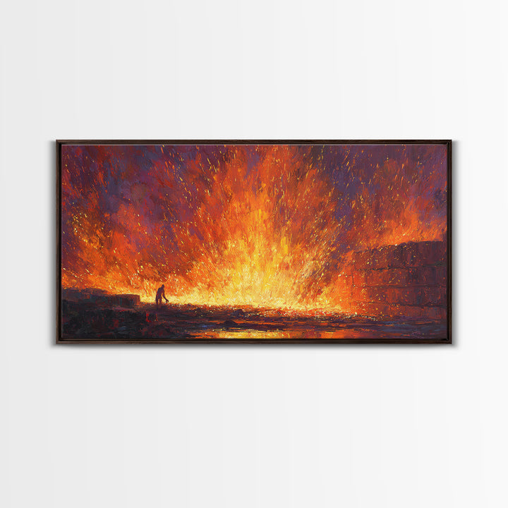 Molten Foundry Firestorm Framed Canvas Print, Fiery Industrial Wall Art, Orange Abstract Painting, Statement Living Room Decor