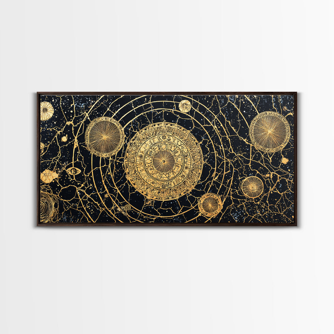 Gold Celestial Mandala Map Wall Art, African Abstract Black And Gold Decor, Luxury Canvas, Spiritual Boho Home Decor, Statement Piece