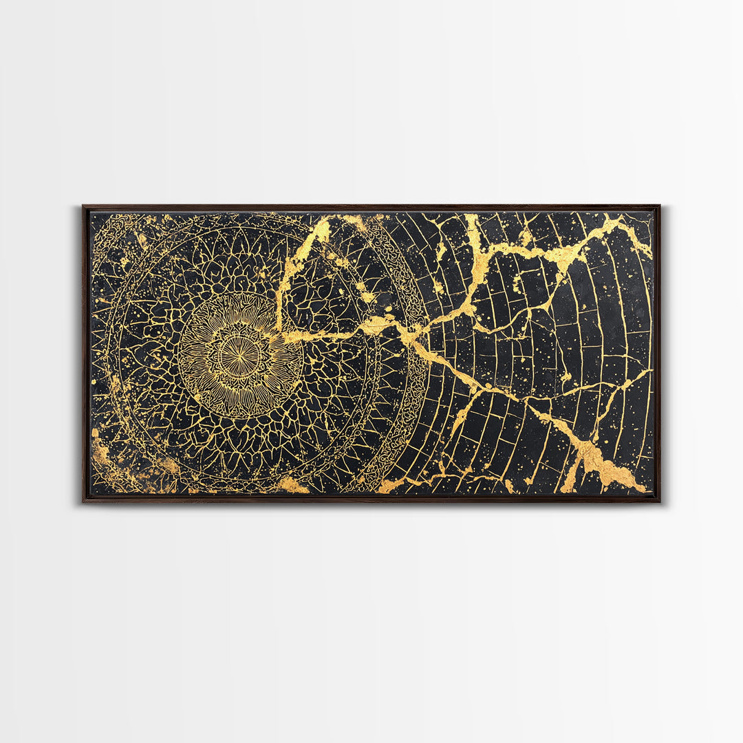 Gold Spiral Geometric Web Wall Art, Abstract African Art Print, Black Gold Decor, Modern Boho Statement Canvas For Living Room