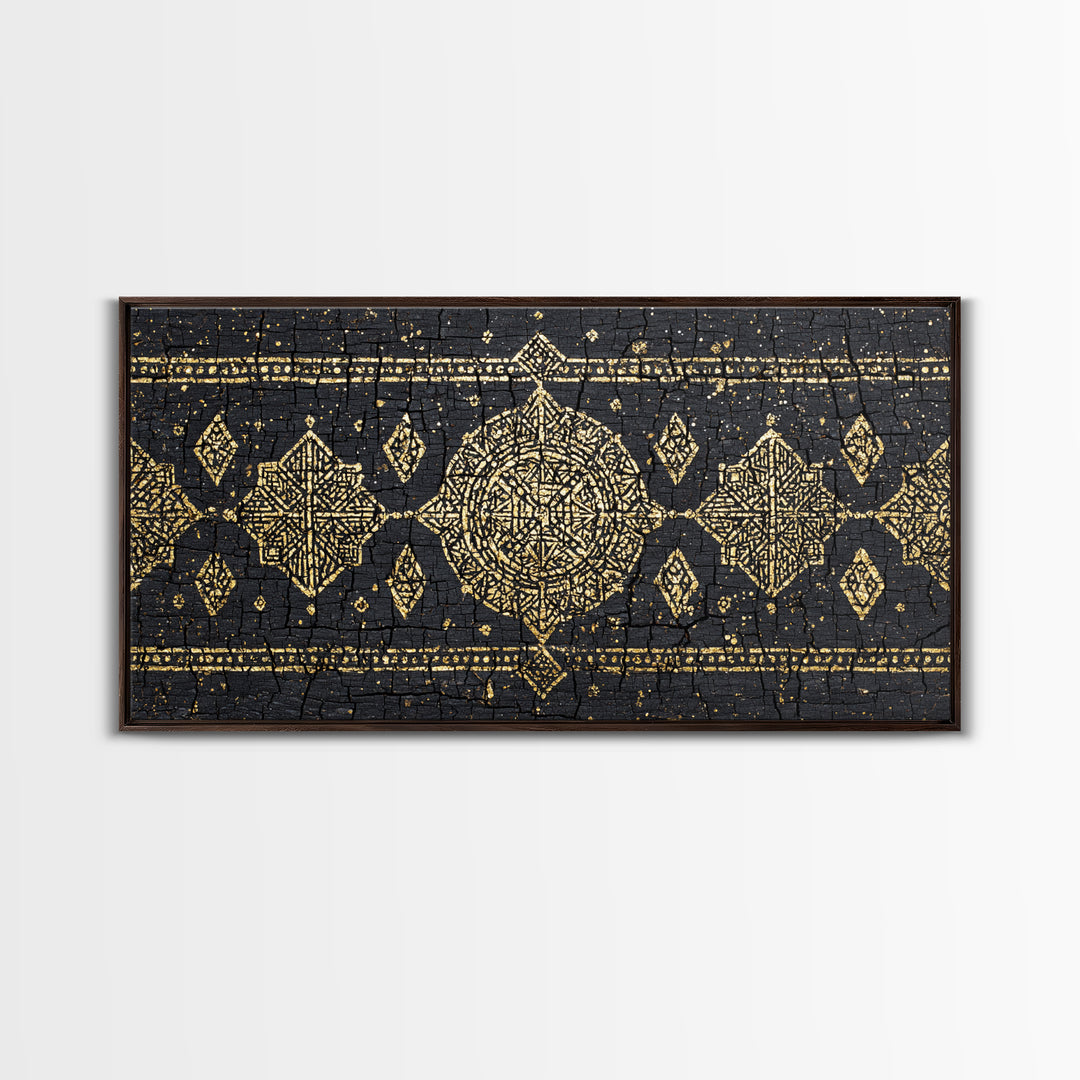 Gold Mud Cloth Geometric Framed Canvas Print, African Patterns, Tribal Art Decor, Black Gold Boho Wall Decor For Living Room