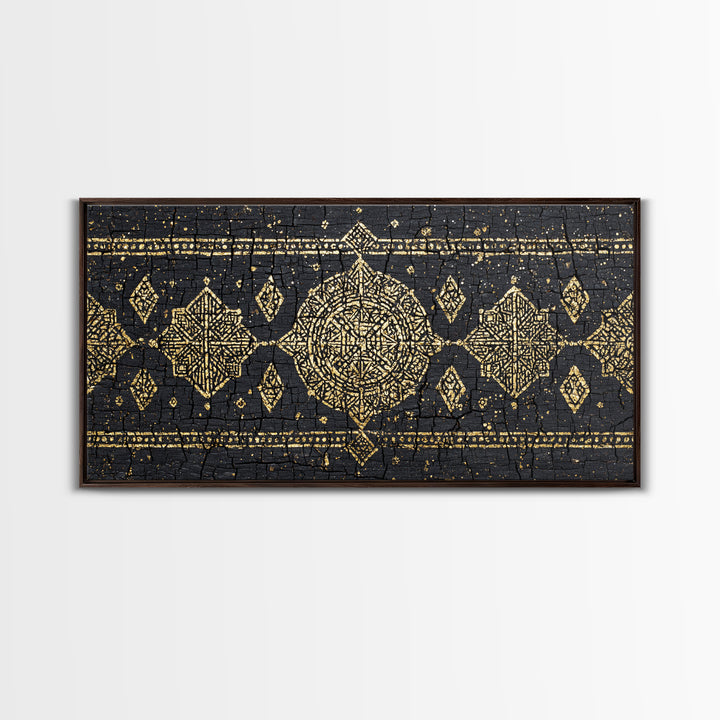 Gold Mud Cloth Geometric Framed Canvas Print, African Patterns, Tribal Art Decor, Black Gold Boho Wall Decor For Living Room