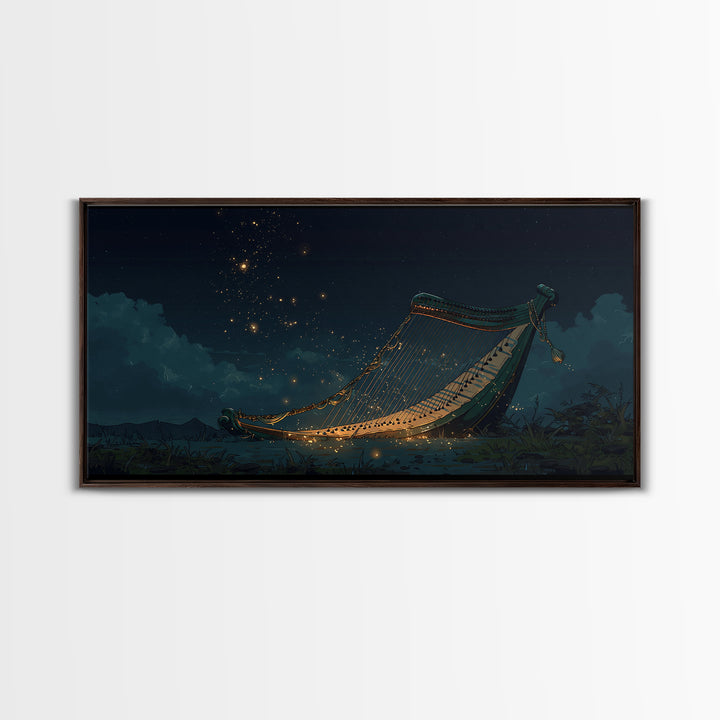 Glowing African Kora Harp Canvas Print, Night Music Wall Decor, Cultural Art Print, Starry Blue Afrocentric Home Decor, Gift For Him