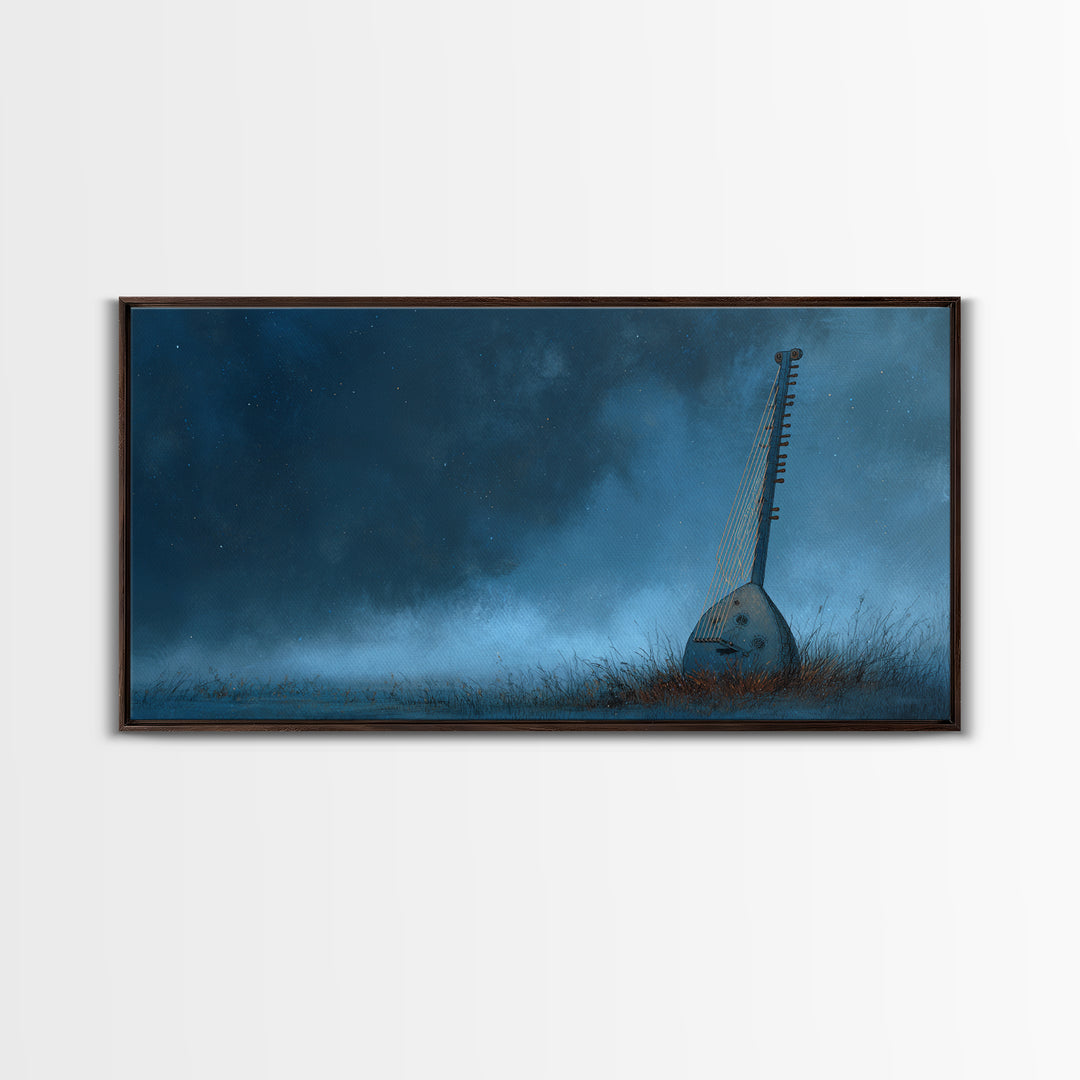 Blue African Kora Instrument Wall Art, Starry Night Music Print, Cultural African Artwork, Moody Bedroom Decor Canvas Print