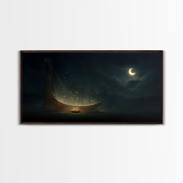 Moonlit African Kora Harp Framed Canvas Print, Crescent Moon Music Wall Decor, Spiritual Afrocentric Art, Dreamy Night Gift