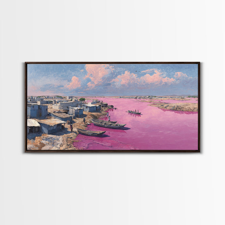 Pink River African Village Wall Art, West African Landscape, Coastal Boat Scene, Serene Travel Decor For Living Room Canvas Gift