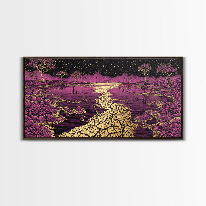 Mystic Purple Savannah Path Wall Art, African Tree Landscape, Starry Night Boho Decor, Spiritual Canvas For Living Room Gift