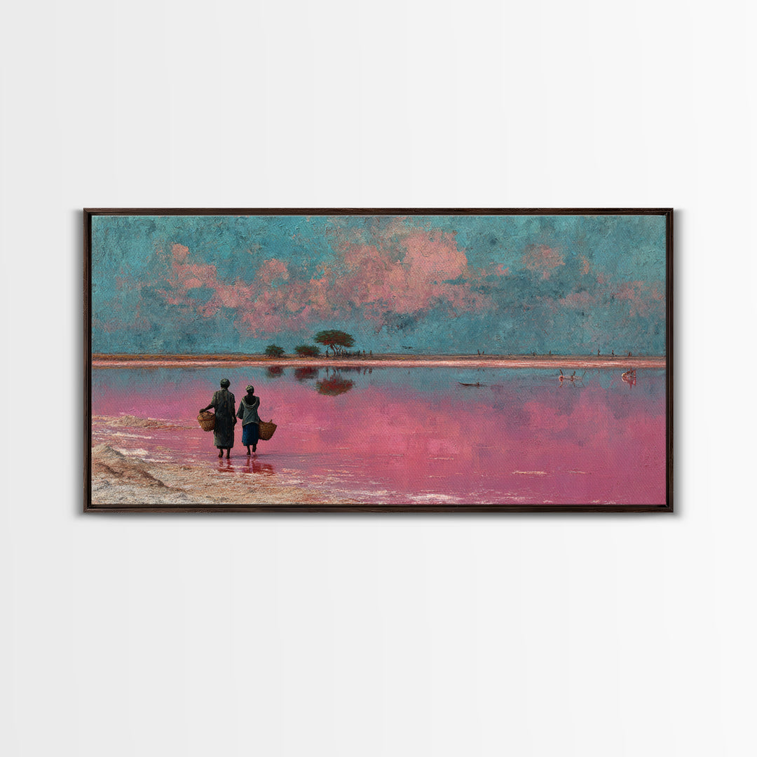 African Women At Pink Lake Wall Art, Pastel Landscape Painting, Motherland Travel Decor, Feminine Canvas For Living Room