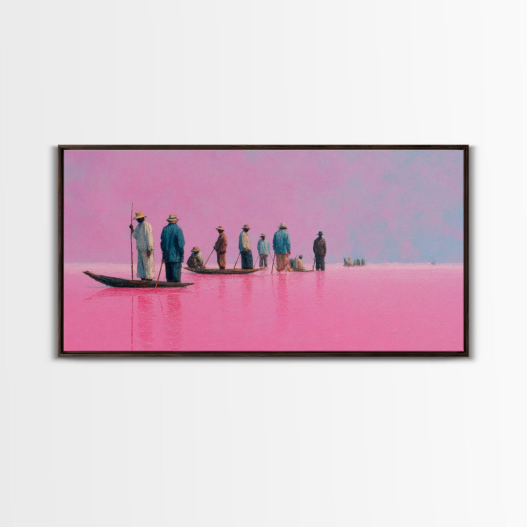 Pink Lake Fishermen On Long Boat Canvas Print, African Travel Landscape, Minimalist Coastal Decor For Modern Living Room