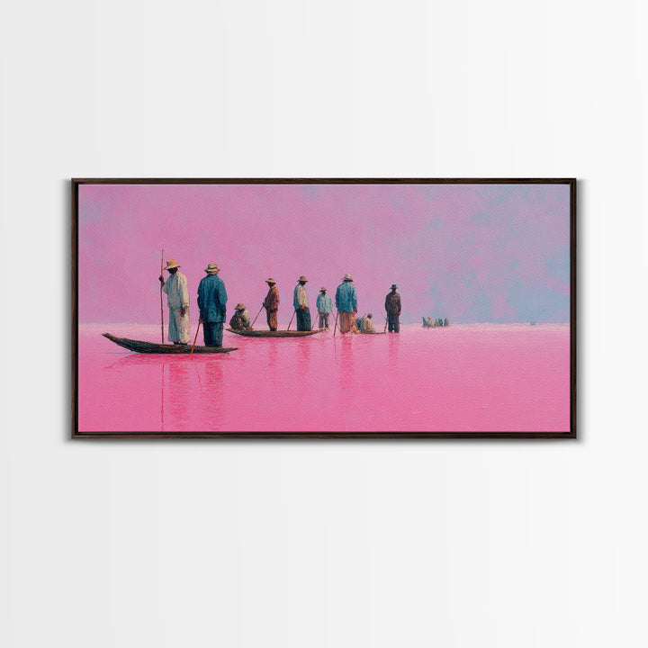 Pink Lake Fishermen On Long Boat Canvas Print, African Travel Landscape, Minimalist Coastal Decor For Modern Living Room