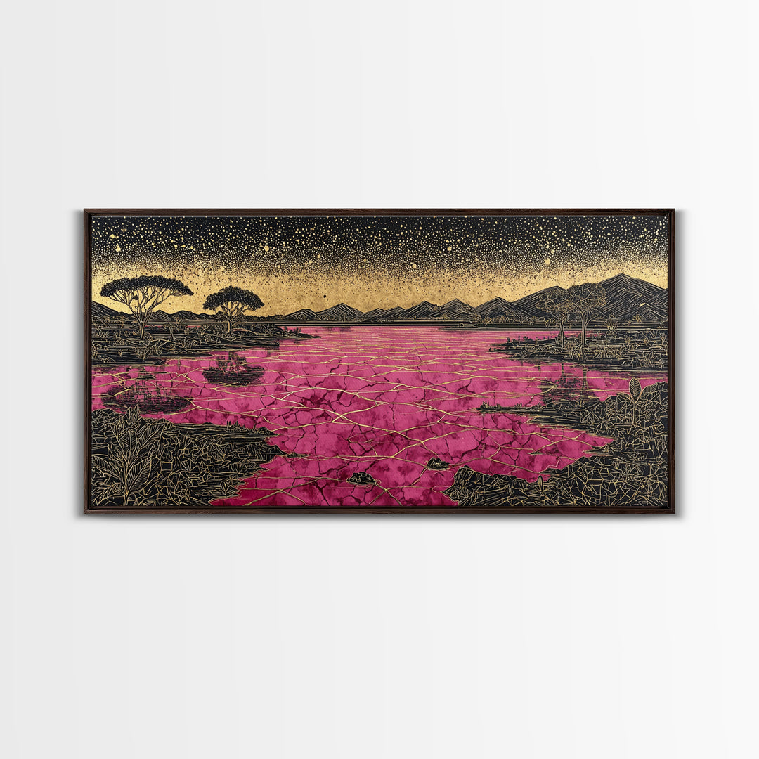 Cracked Pink Lake Savannah Wall Art, African Landscape, Black Gold Boho Decor, Serengeti Inspired Canvas For Living Room